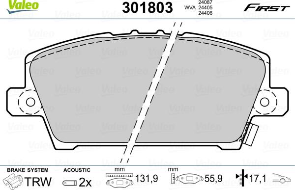 Valeo 301803 - Тормозные колодки, дисковые, комплект autospares.lv