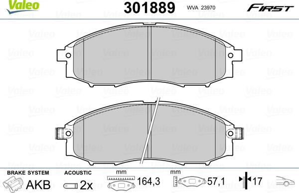 Valeo 301889 - Тормозные колодки, дисковые, комплект autospares.lv