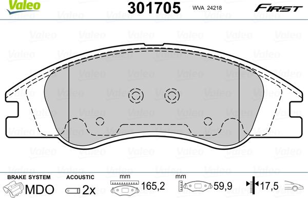 Valeo 301705 - Тормозные колодки, дисковые, комплект autospares.lv