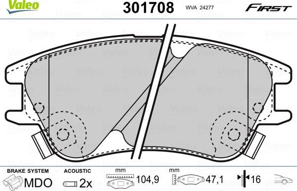 Valeo 301708 - Тормозные колодки, дисковые, комплект autospares.lv