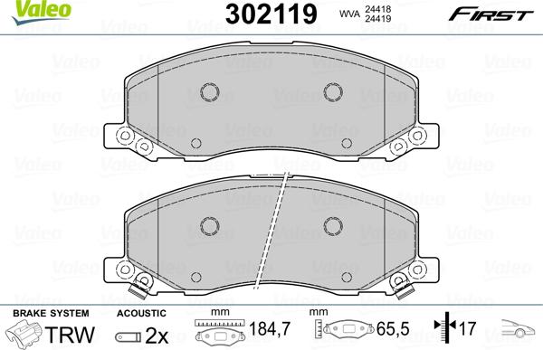 Valeo 302119 - Тормозные колодки, дисковые, комплект autospares.lv