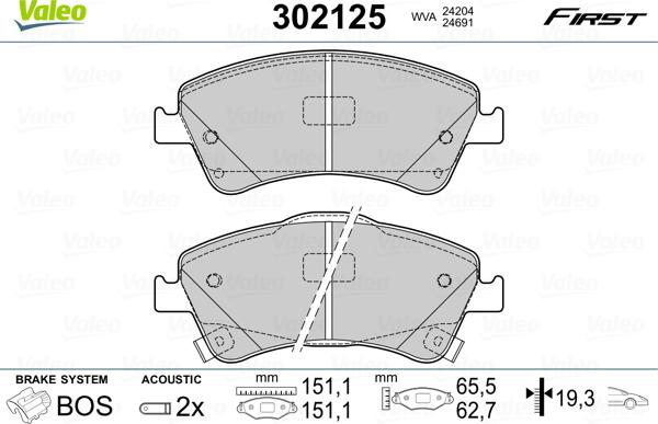 Valeo 302125 - Тормозные колодки, дисковые, комплект autospares.lv