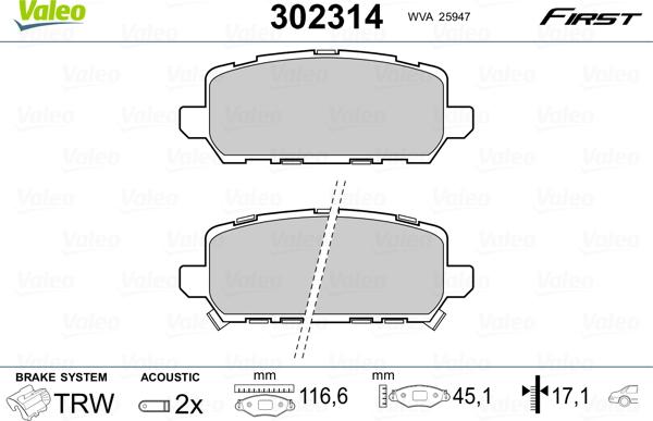 Valeo 302314 - Тормозные колодки, дисковые, комплект autospares.lv