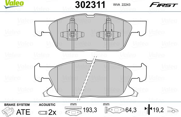 Valeo 302311 - Тормозные колодки, дисковые, комплект autospares.lv