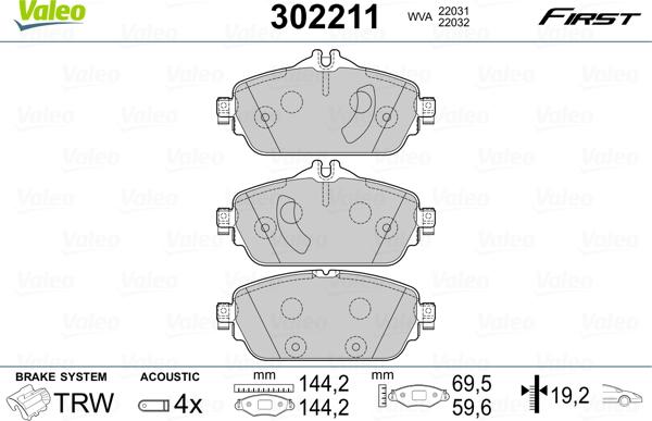 Valeo 302211 - Тормозные колодки, дисковые, комплект autospares.lv