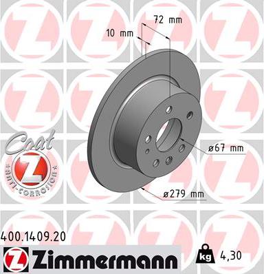 Zimmermann 400.1409.20 - Тормозной диск autospares.lv