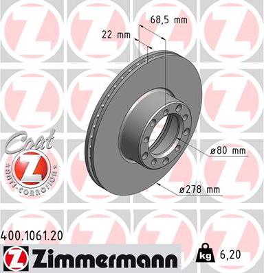 Zimmermann 400.1061.20 - Тормозной диск autospares.lv