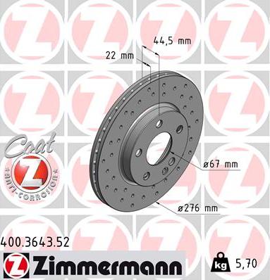 Zimmermann 400.3643.52 - Тормозной диск autospares.lv