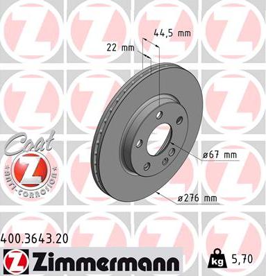 Zimmermann 400.3643.20 - Тормозной диск autospares.lv