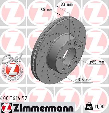 Zimmermann 400.3614.52 - Тормозной диск autospares.lv