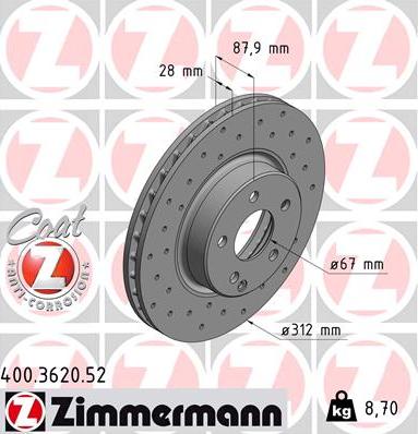 Zimmermann 400.3620.52 - Тормозной диск autospares.lv