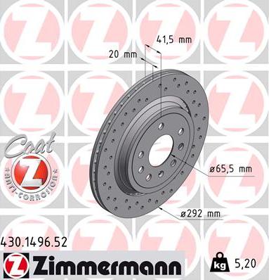 Zimmermann 430.1496.52 - Тормозной диск autospares.lv