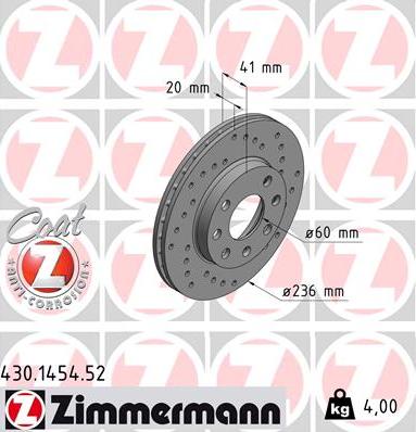 Zimmermann 430.1454.52 - Тормозной диск autospares.lv