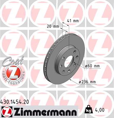 Zimmermann 430.1454.20 - Тормозной диск autospares.lv