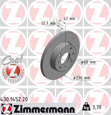 Zimmermann 430.1452.20 - Тормозной диск autospares.lv