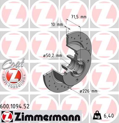 Zimmermann 600.1094.52 - Тормозной диск autospares.lv