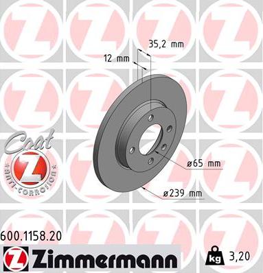 Zimmermann 600.1158.20 - Тормозной диск autospares.lv