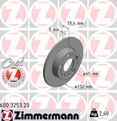 Zimmermann 600.3253.20 - Тормозной диск autospares.lv