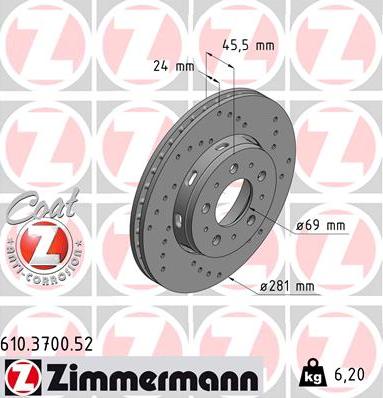 Zimmermann 610.3700.52 - Тормозной диск autospares.lv