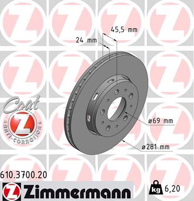 Zimmermann 610.3700.20 - Тормозной диск autospares.lv