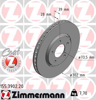 Zimmermann 155.3902.20 - Тормозной диск autospares.lv