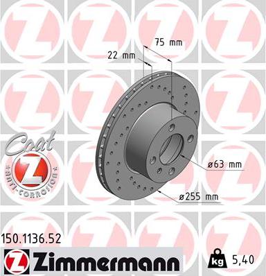 Zimmermann 150.1136.52 - Тормозной диск autospares.lv