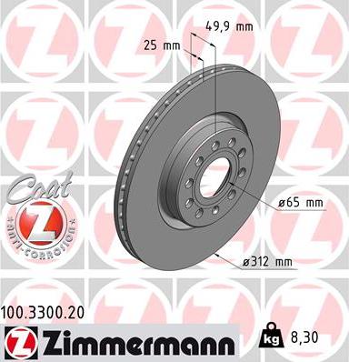 Zimmermann 100.3300.20 - Тормозной диск autospares.lv