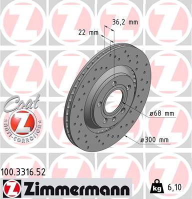 Zimmermann 100.3316.52 - Тормозной диск autospares.lv