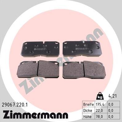 Zimmermann 29067.220.1 - Тормозные колодки, дисковые, комплект autospares.lv