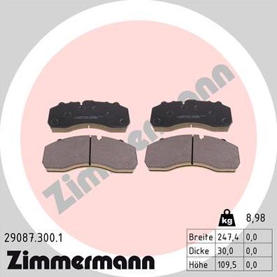 Zimmermann 29087.300.1 - Тормозные колодки, дисковые, комплект autospares.lv