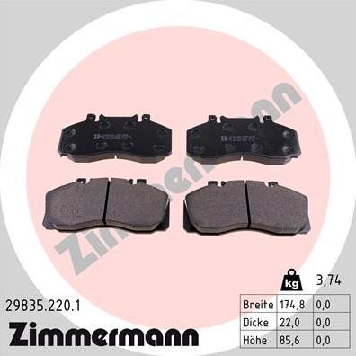Zimmermann 29835.220.1 - Тормозные колодки, дисковые, комплект autospares.lv