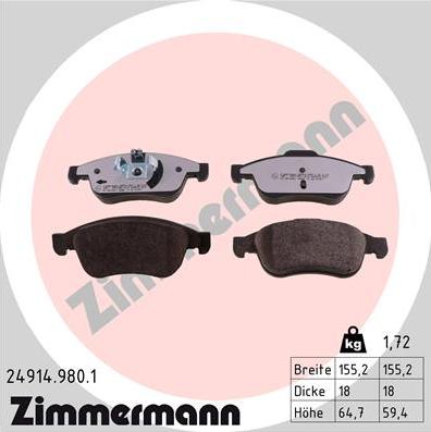 Zimmermann 24914.980.1 - Тормозные колодки, дисковые, комплект autospares.lv