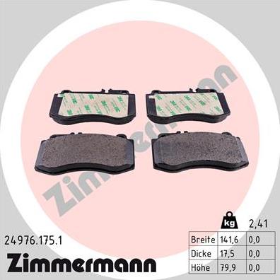 Zimmermann 24976.175.1 - Тормозные колодки, дисковые, комплект autospares.lv