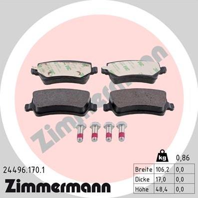 Zimmermann 24496.170.1 - Тормозные колодки, дисковые, комплект autospares.lv