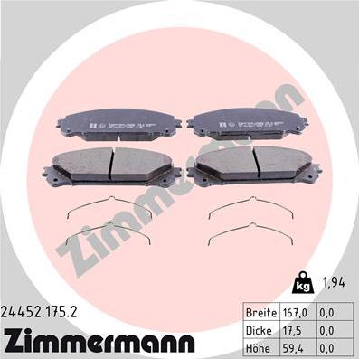 Zimmermann 24452.175.2 - Тормозные колодки, дисковые, комплект autospares.lv