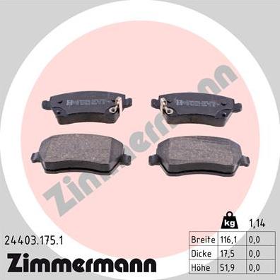 Zimmermann 24403.175.1 - Тормозные колодки, дисковые, комплект autospares.lv