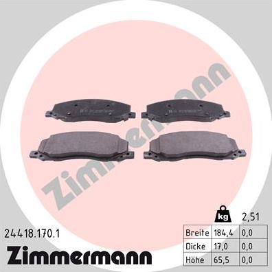 Zimmermann 24418.170.1 - Тормозные колодки, дисковые, комплект autospares.lv