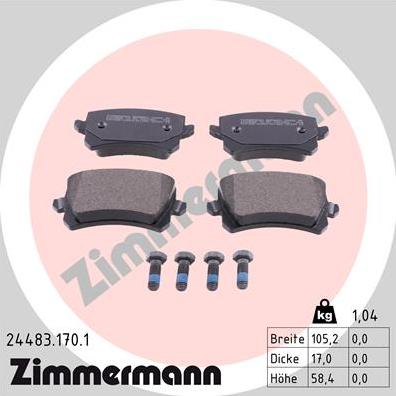 Zimmermann 24483.170.1 - Тормозные колодки, дисковые, комплект autospares.lv