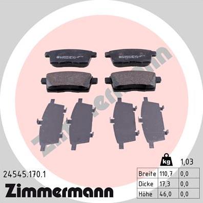 Zimmermann 24545.170.1 - Тормозные колодки, дисковые, комплект autospares.lv