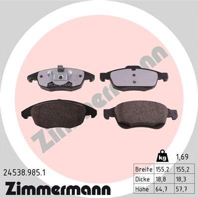 Zimmermann 24538.985.1 - Тормозные колодки, дисковые, комплект autospares.lv