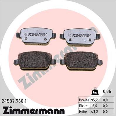 Zimmermann 24537.960.1 - Тормозные колодки, дисковые, комплект autospares.lv