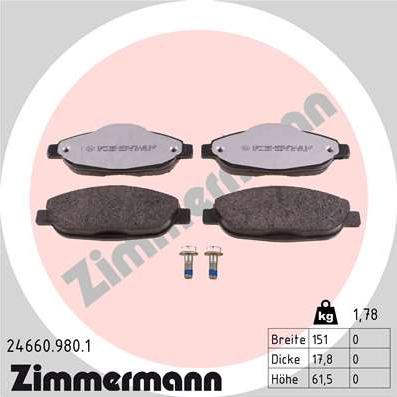 Zimmermann 24660.980.1 - Тормозные колодки, дисковые, комплект autospares.lv