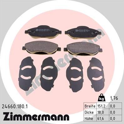 Zimmermann 24660.180.1 - Тормозные колодки, дисковые, комплект autospares.lv