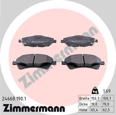 Zimmermann 24668.190.1 - Тормозные колодки, дисковые, комплект autospares.lv