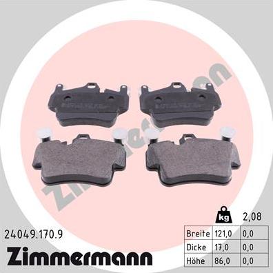 Zimmermann 24049.170.9 - Тормозные колодки, дисковые, комплект autospares.lv