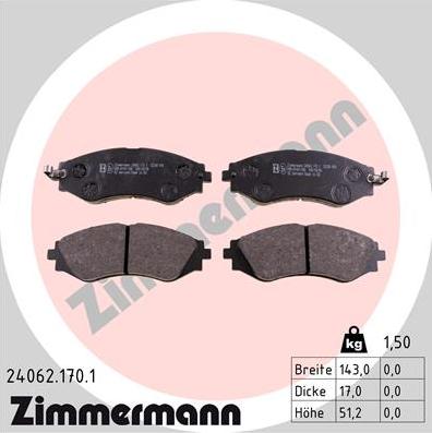 Zimmermann 24062.170.1 - Тормозные колодки, дисковые, комплект autospares.lv