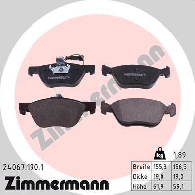 Zimmermann 24067.190.1 - Тормозные колодки, дисковые, комплект autospares.lv