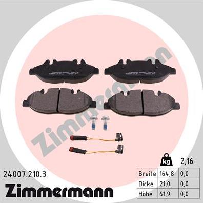 Zimmermann 24007.210.3 - Тормозные колодки, дисковые, комплект autospares.lv