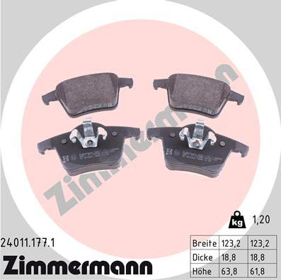 Zimmermann 24011.177.1 - Тормозные колодки, дисковые, комплект autospares.lv