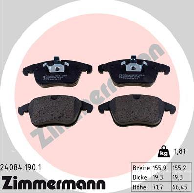 Zimmermann 24084.190.1 - Тормозные колодки, дисковые, комплект autospares.lv